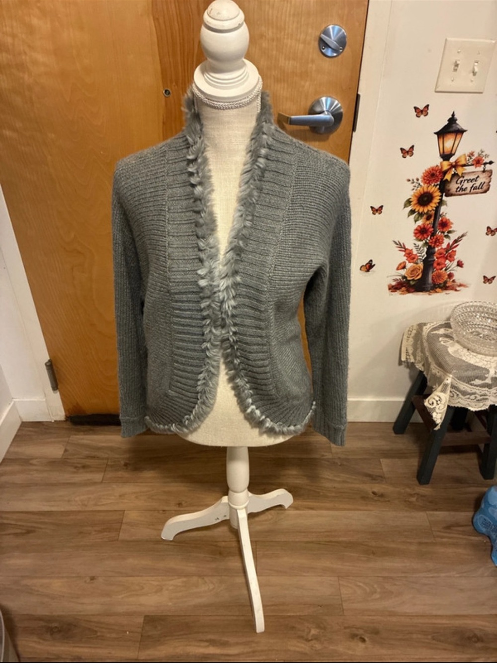 Chico's Gray Faux-Fur Trim Open Front Cardigan